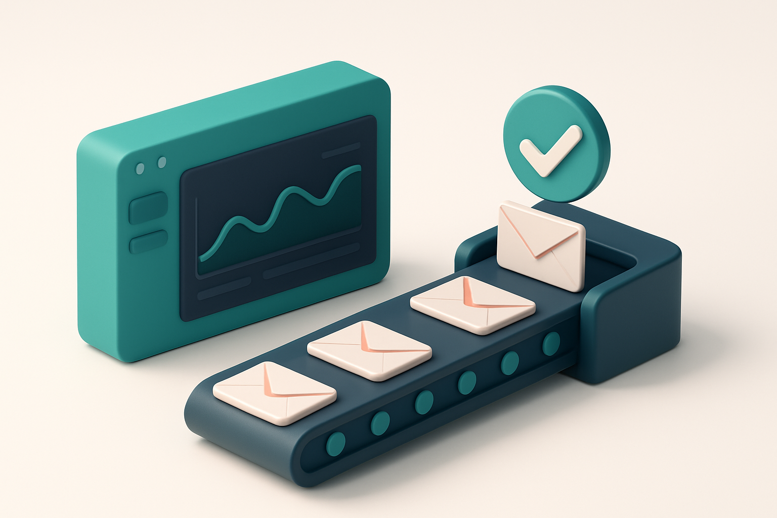 Hero: An isometric MailerLite dashboard in the foreground with a flowing conveyor belt directly in view sorting email en