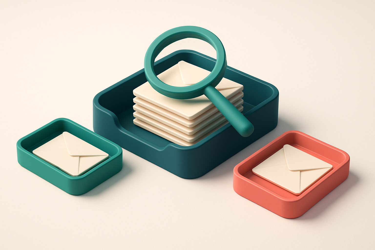 Hero: an isometric email inbox with envelopes being sorted onto a green 'valid' tray and a red 'invalid' tray, a magnify