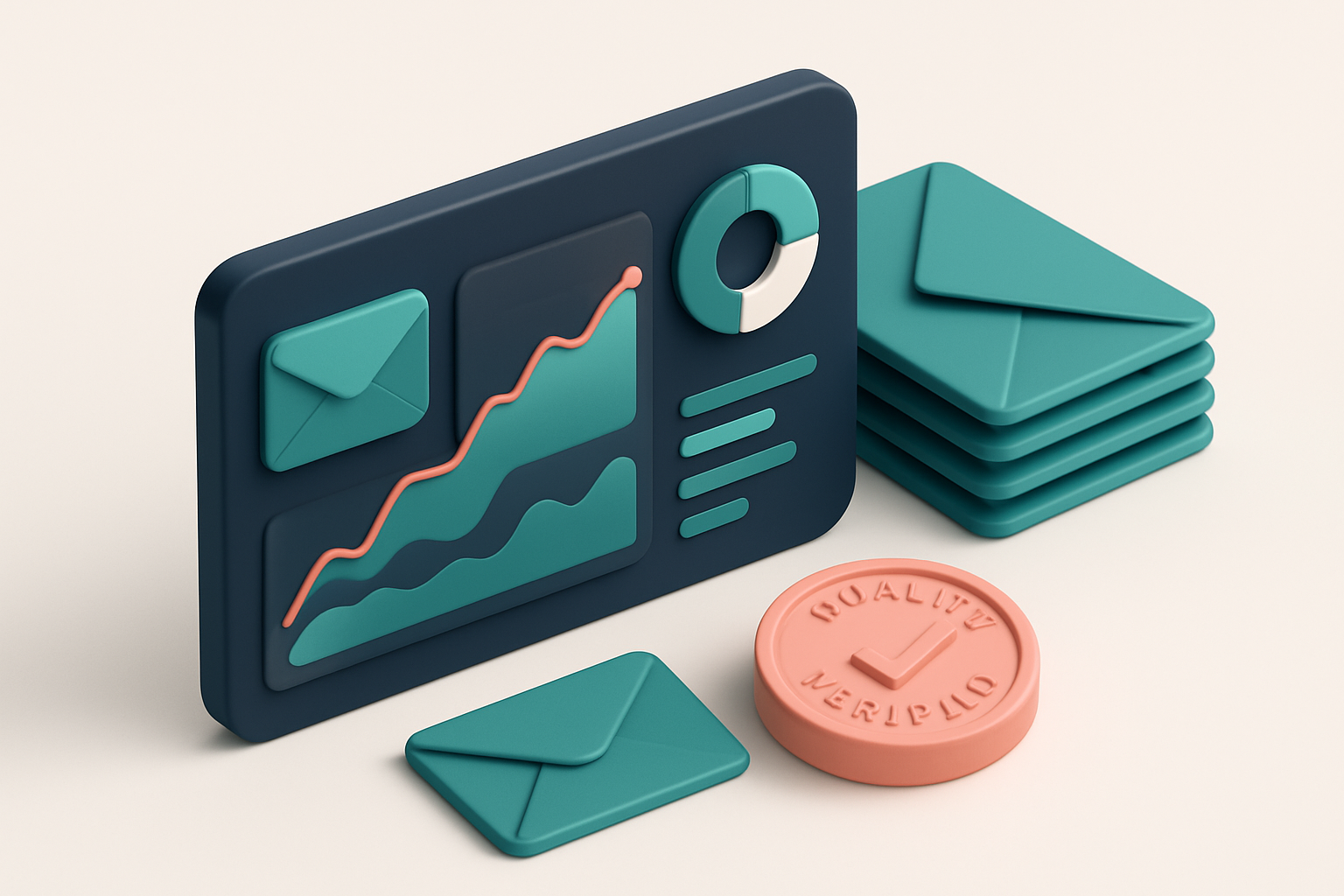 Hero: An isometric scene of an email marketing dashboard with analytics graphs, a stack of envelopes, and a 'quality ver