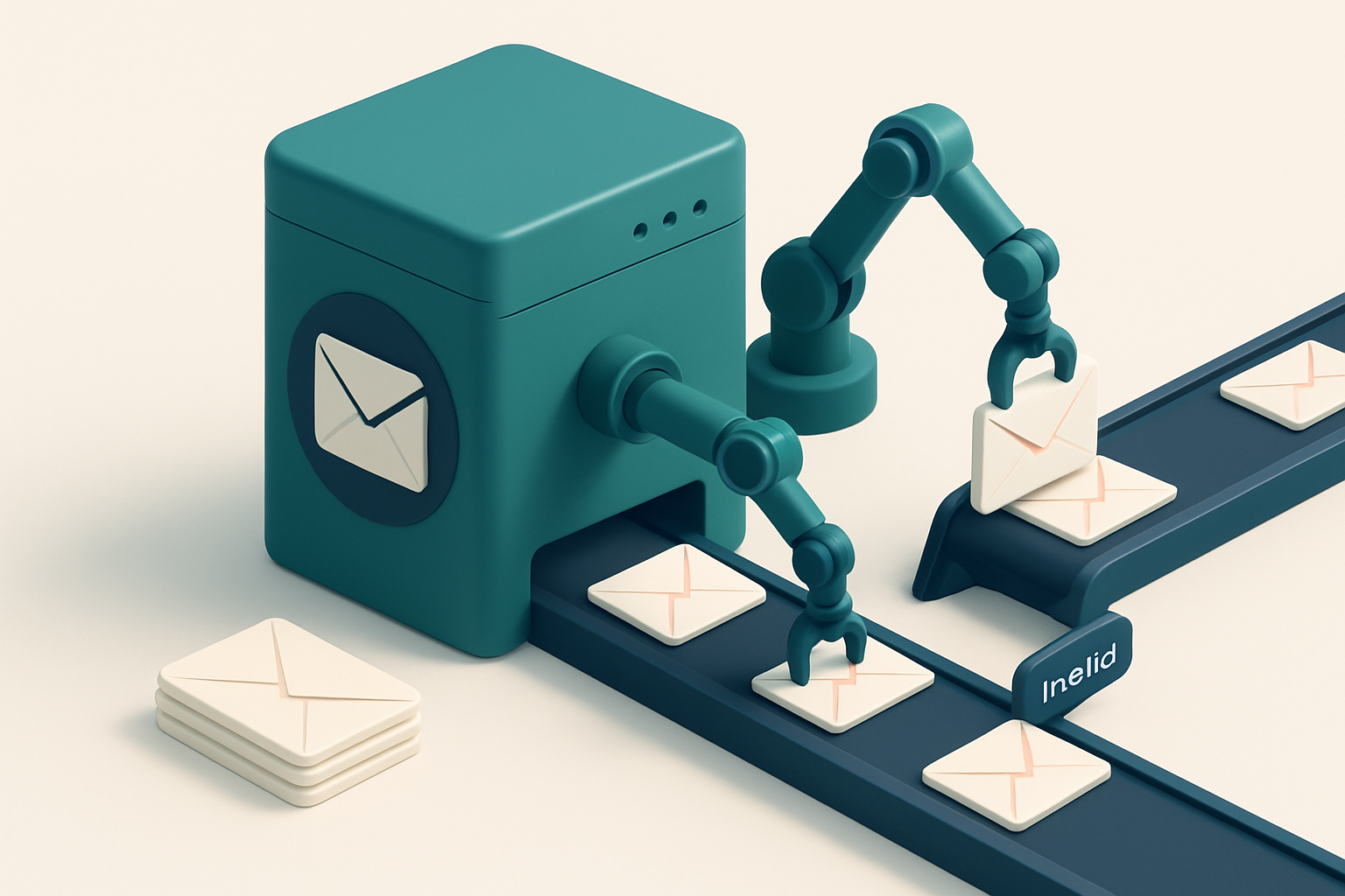 Hero: Isometric illustration of a futuristic email server farm, with robotic arms sorting envelopes into 'valid' and 'in