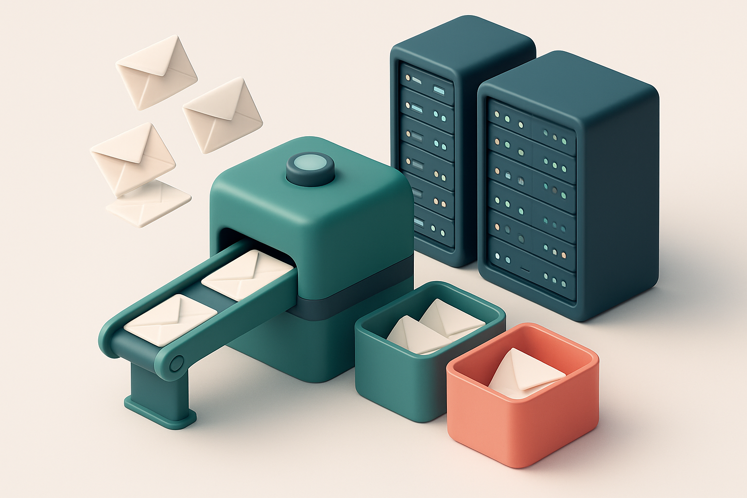 Hero: an isometric email server room with envelopes flowing into a machine labeled 'verification' and output sorted into
