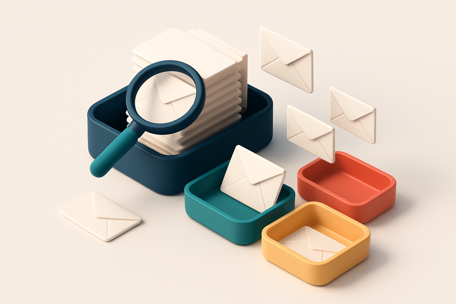 Hero: an isometric email inbox with envelopes being sorted onto a green 'valid' tray, a red 'invalid' tray, and a yellow