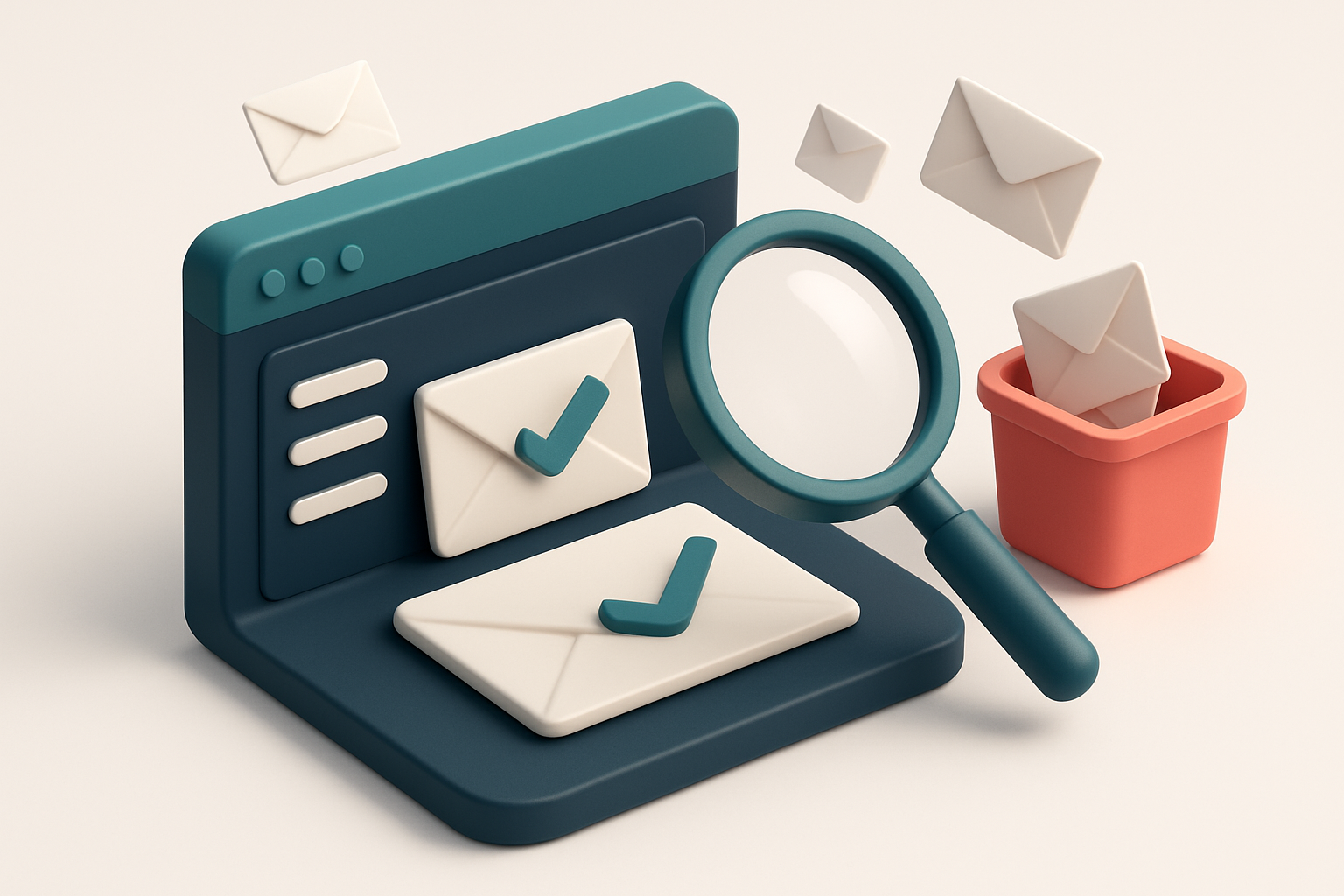 Hero: an isometric email inbox with a magnifying glass checking envelopes, some marked valid with green checkmarks, othe