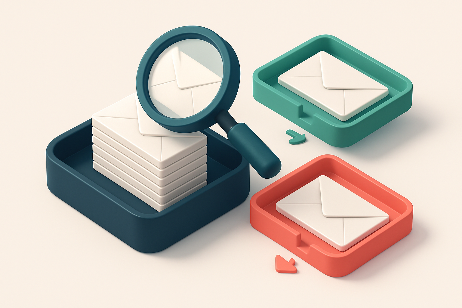 Hero: an isometric email inbox with envelopes being sorted onto a green 'valid' tray and a red 'invalid' tray, a magnify