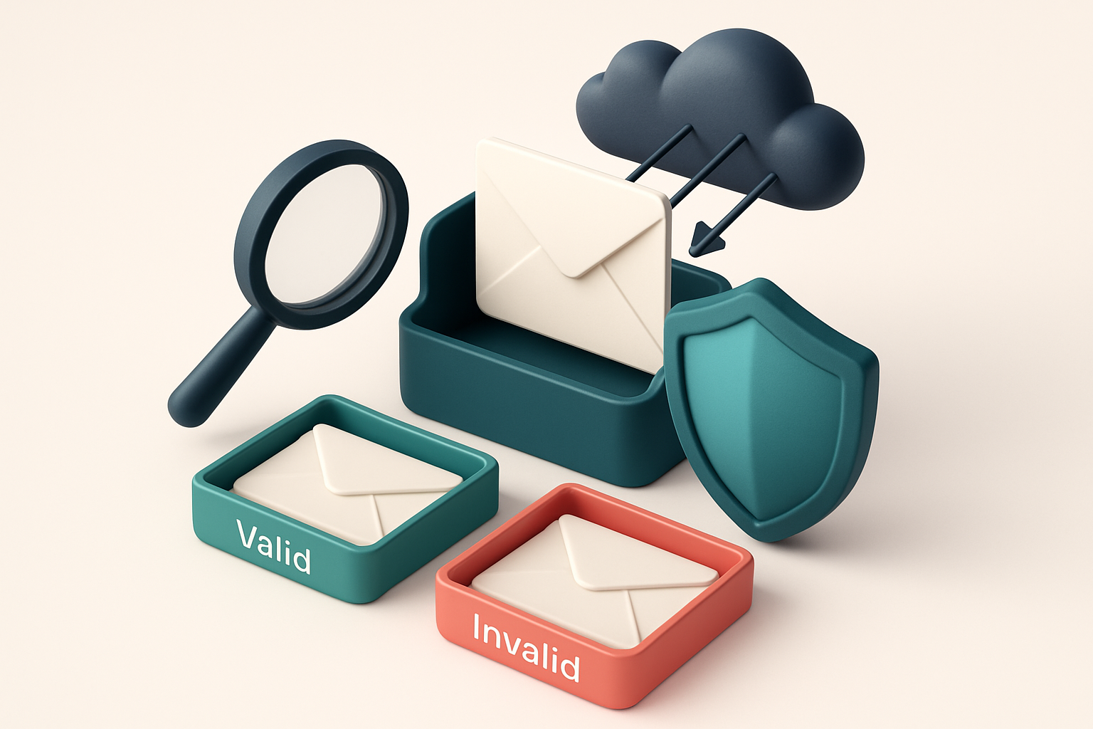 Hero: an isometric email inbox with envelopes being sorted onto a green 'valid' tray and a red 'invalid' tray, a magnify