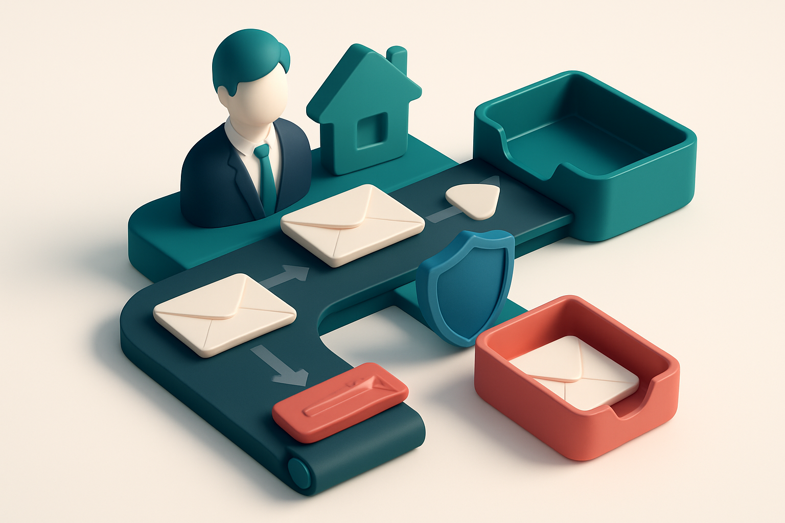 a 3D isometric illustration of a real estate agent's email list being processed through a conveyor belt that splits into