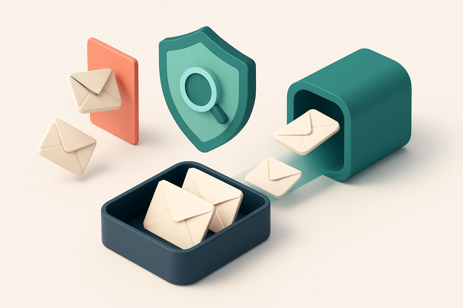 An isometric view of a recruitment inbox with envelopes labeled 'candidate' being scanned by a digital shield, some boun