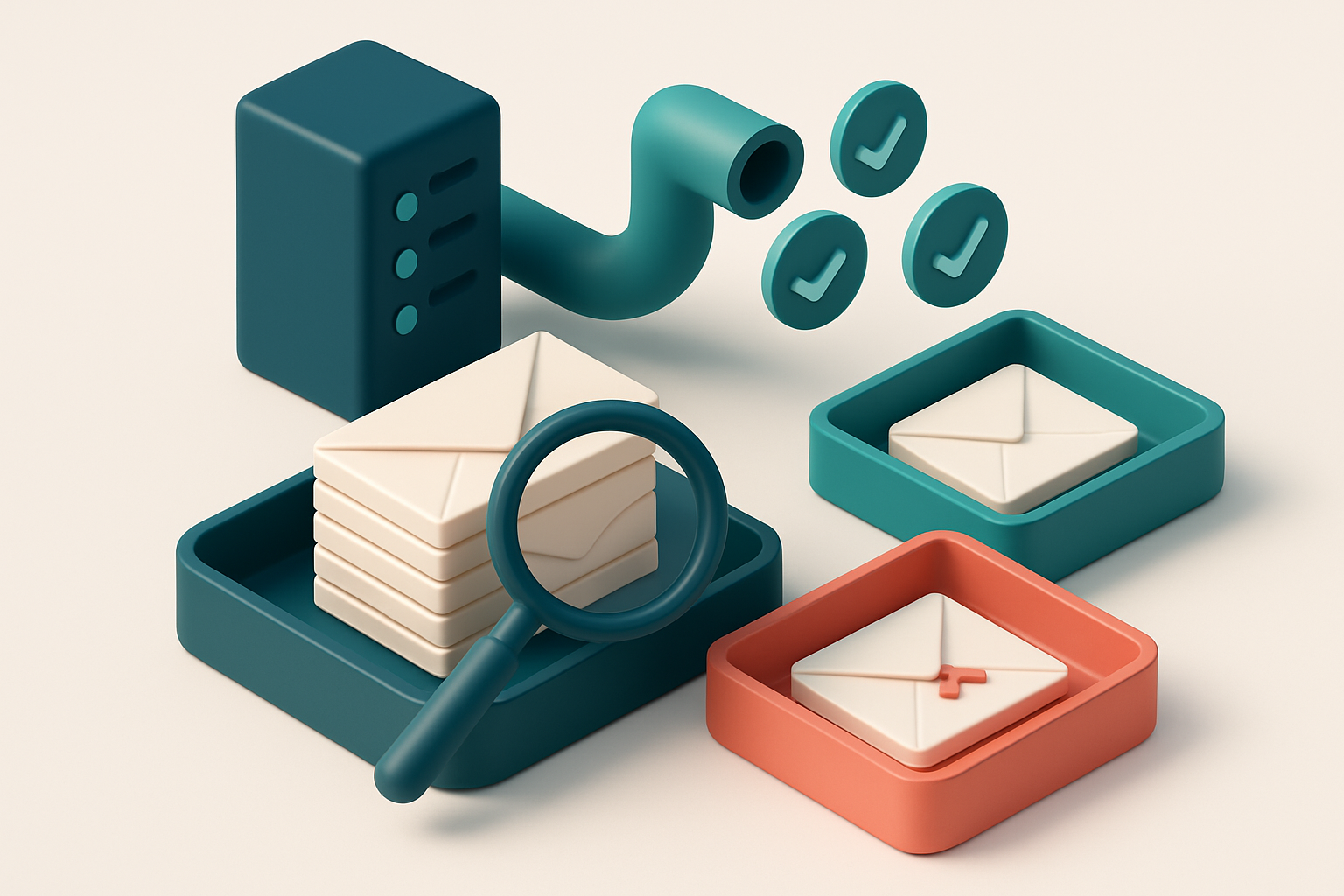 An isometric email inbox with envelopes being sorted onto a green 'valid' tray and a red 'invalid' tray, a magnifying gl