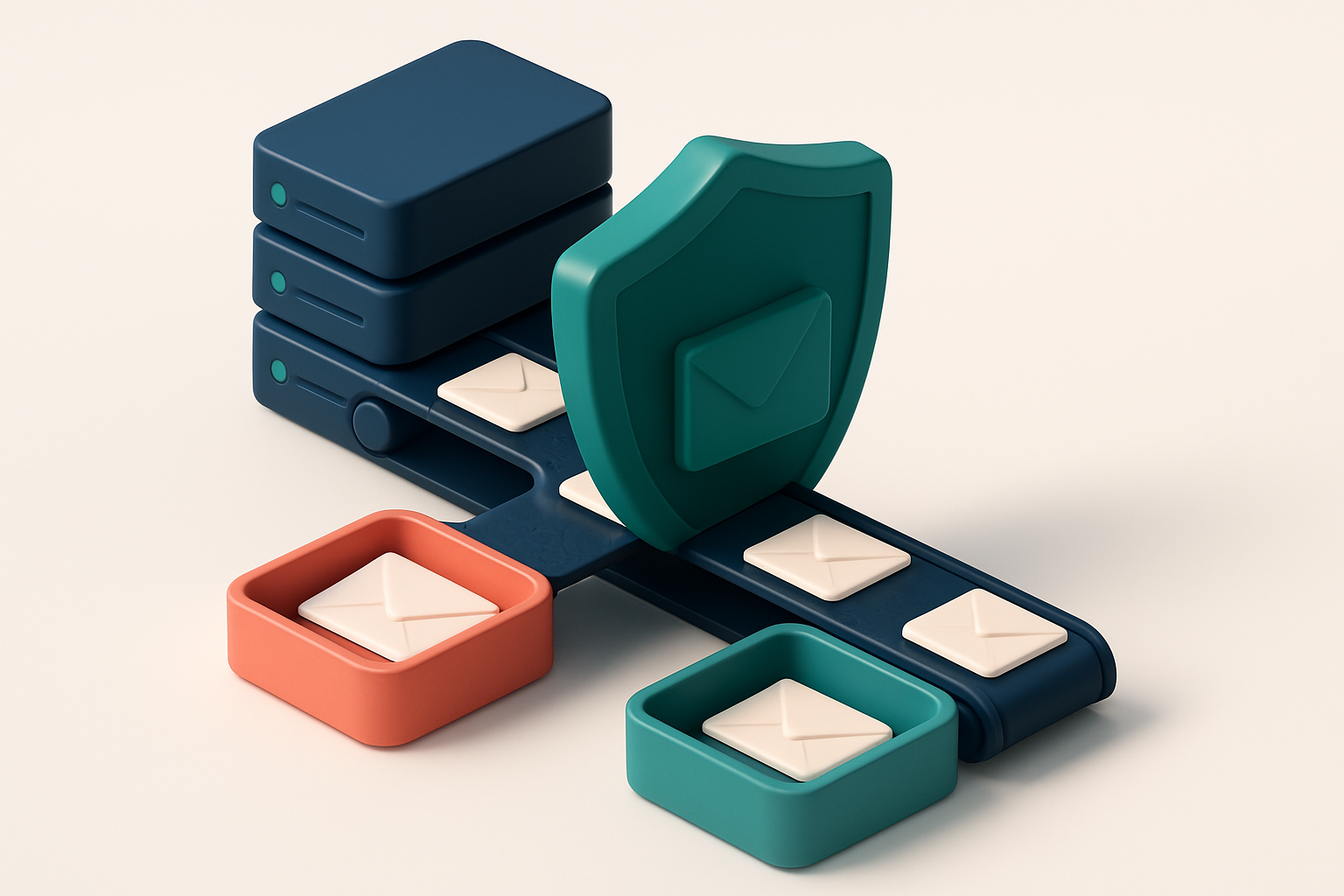 Hero: an isometric email server farm with a green shield labeled 'DMARC enforce' in front, a conveyor belt of envelopes