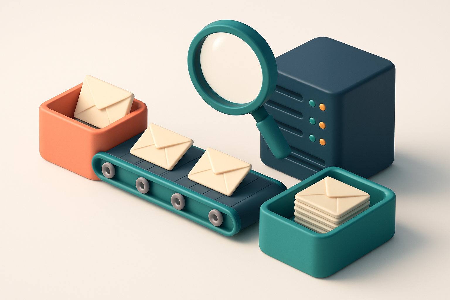 An isometric desk with a conveyor belt moving envelopes from a red 'discard' zone to a green 'valid' tray, a server with