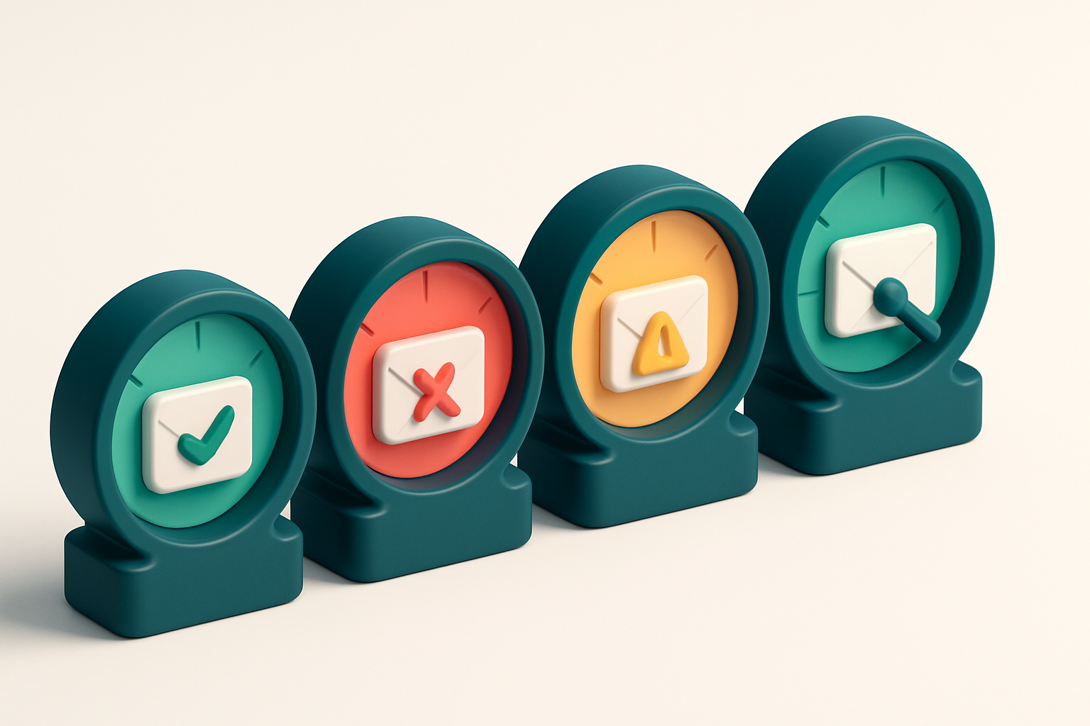 A row of four gauges, each showing a different email validation status: green (valid), red (invalid), yellow (risky), an