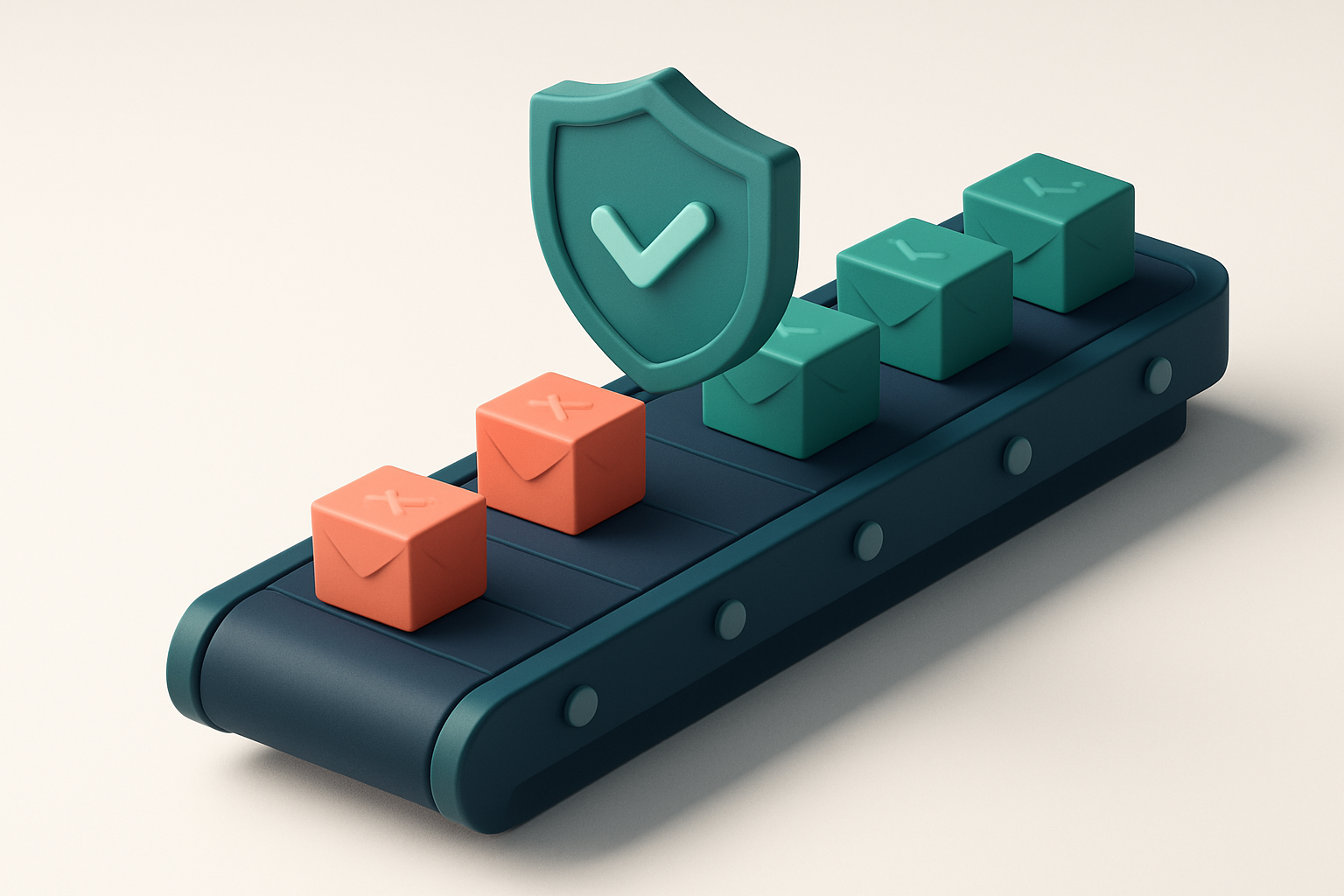 An isometric email list represented as a conveyor belt with green 'valid' boxes and red 'invalid' boxes. A shield labele