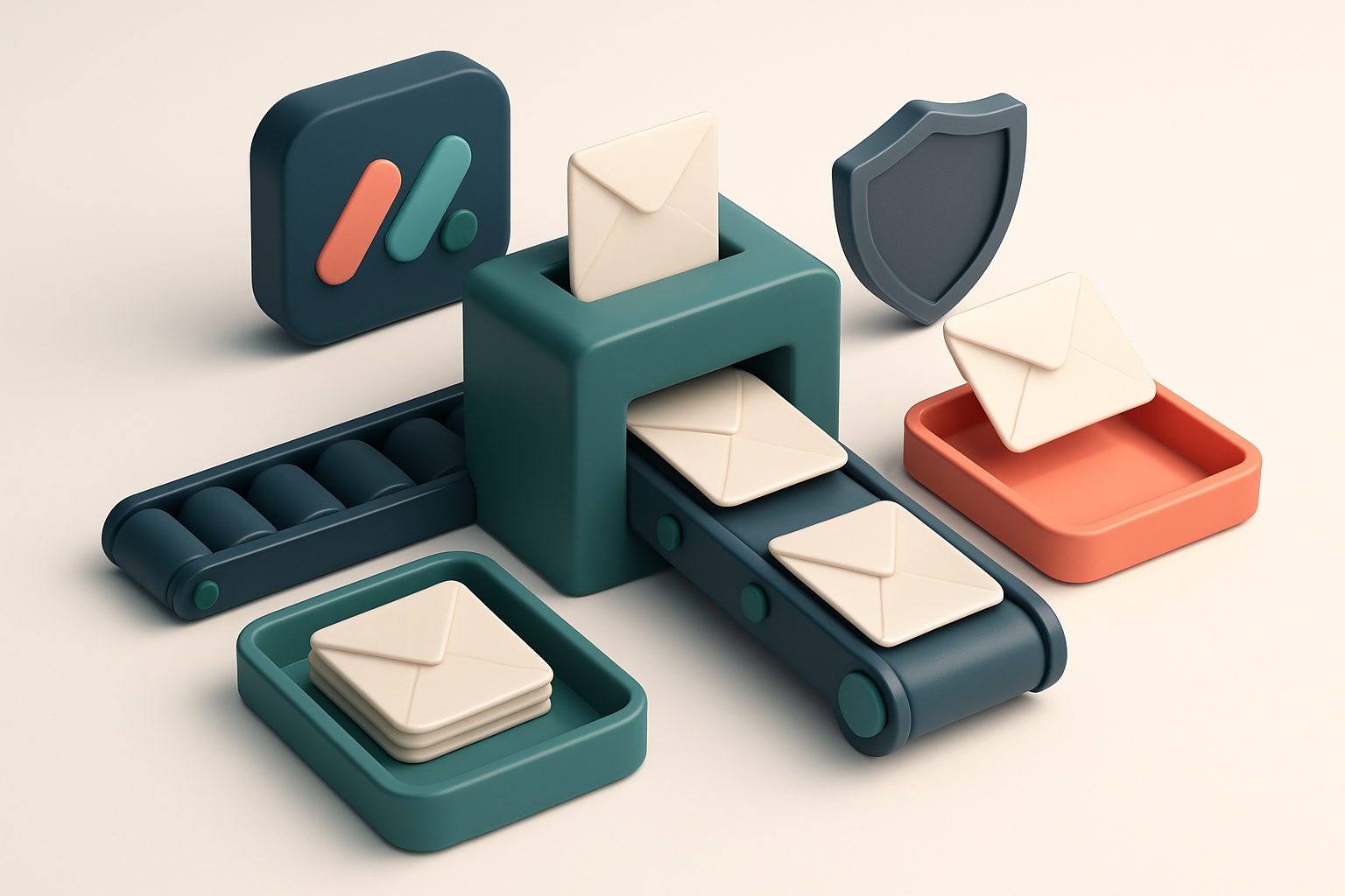 an isometric email inbox with envelopes being sorted onto a green 'valid' tray and a red 'invalid' tray, a conveyor belt