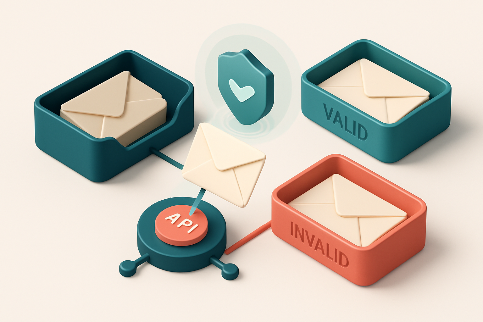 An isometric email inbox with incoming envelopes labeled 'email@user.com', 'temp@disposable.com', and 'admin@company.com