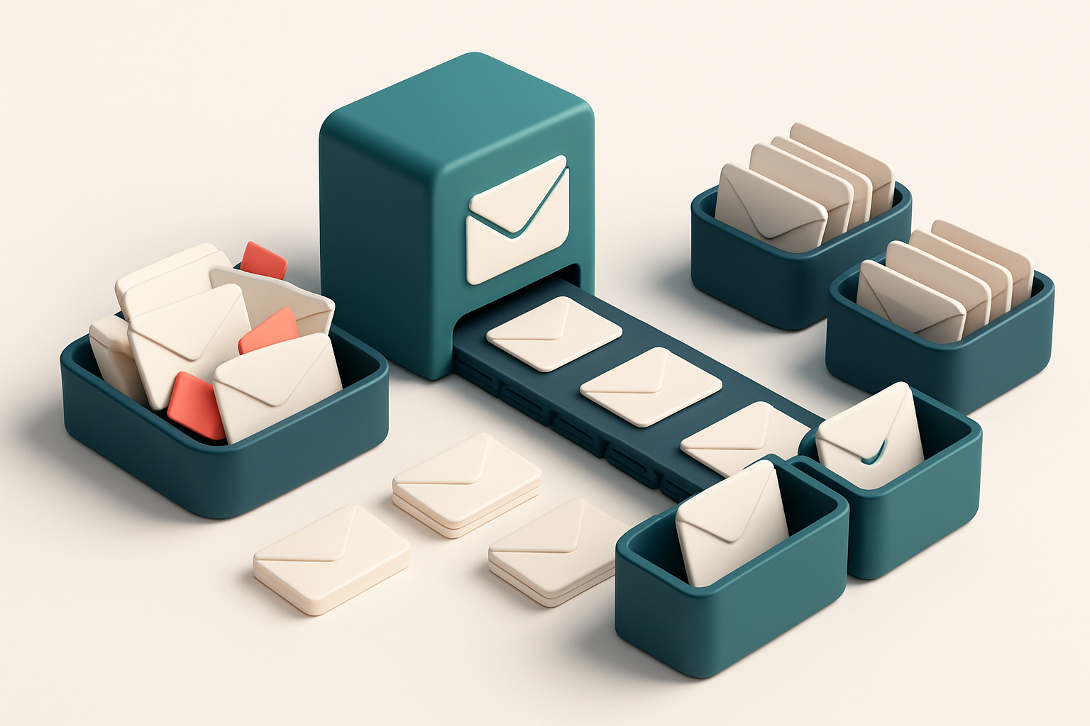 an isometric email inbox with a conveyor belt feeding envelopes from a cluttered list tray, where some envelopes are tag