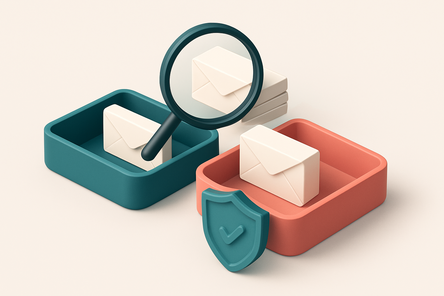 An isometric email inbox with envelopes being sorted onto a green 'valid' tray and a red 'invalid' tray, a magnifying gl