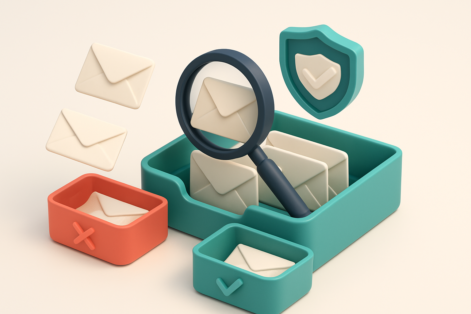 An isometric inbox with envelopes being scanned by a magnifying glass, some dropping into a red 'invalid' tray and other