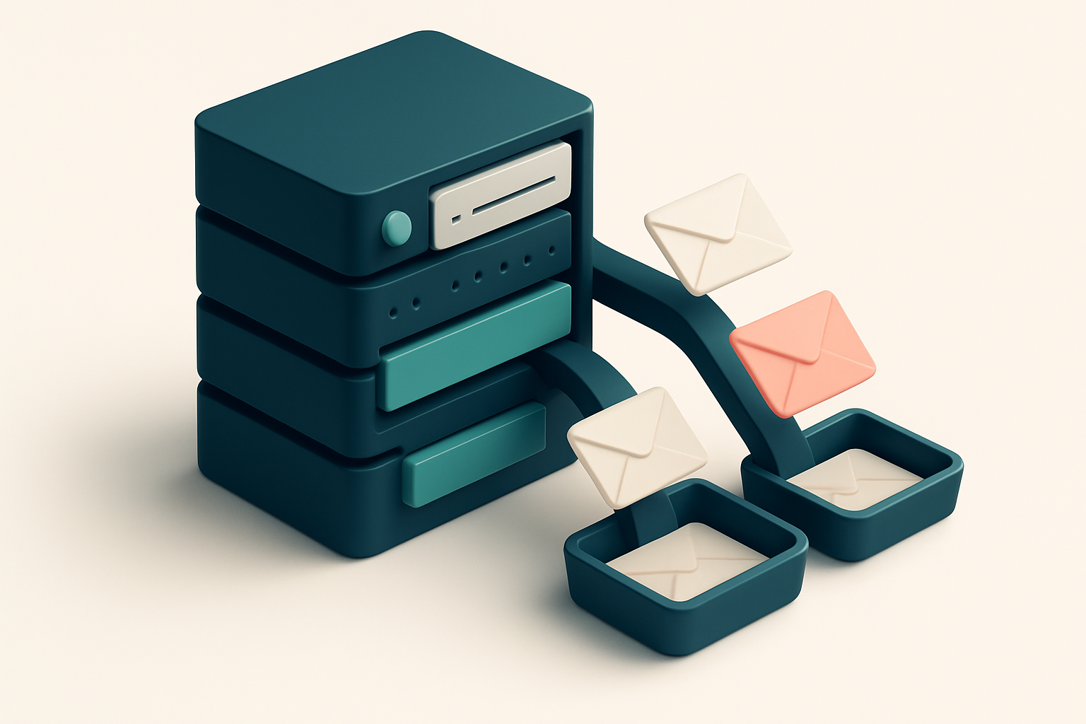 An isometric server rack with labeled server units: one marked 'SMTP', one 'DNS', and one 'Monitoring Logs'. Envelopes l