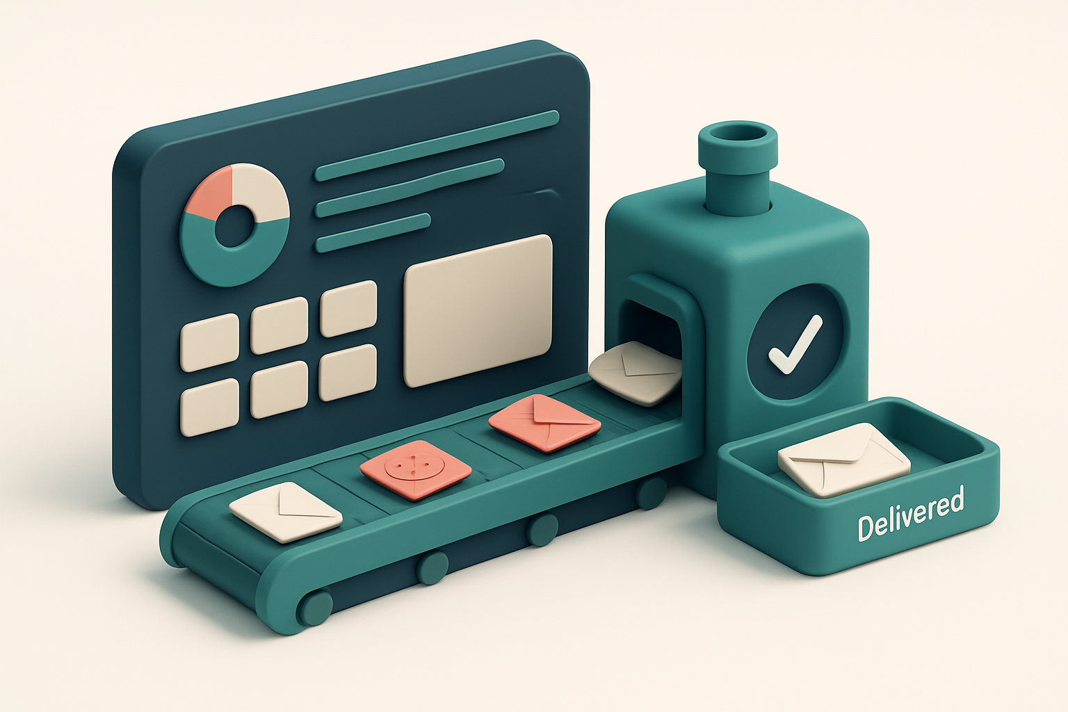 An isometric view of a Salesforce CRM dashboard with a green conveyor belt feeding email addresses into a verification m