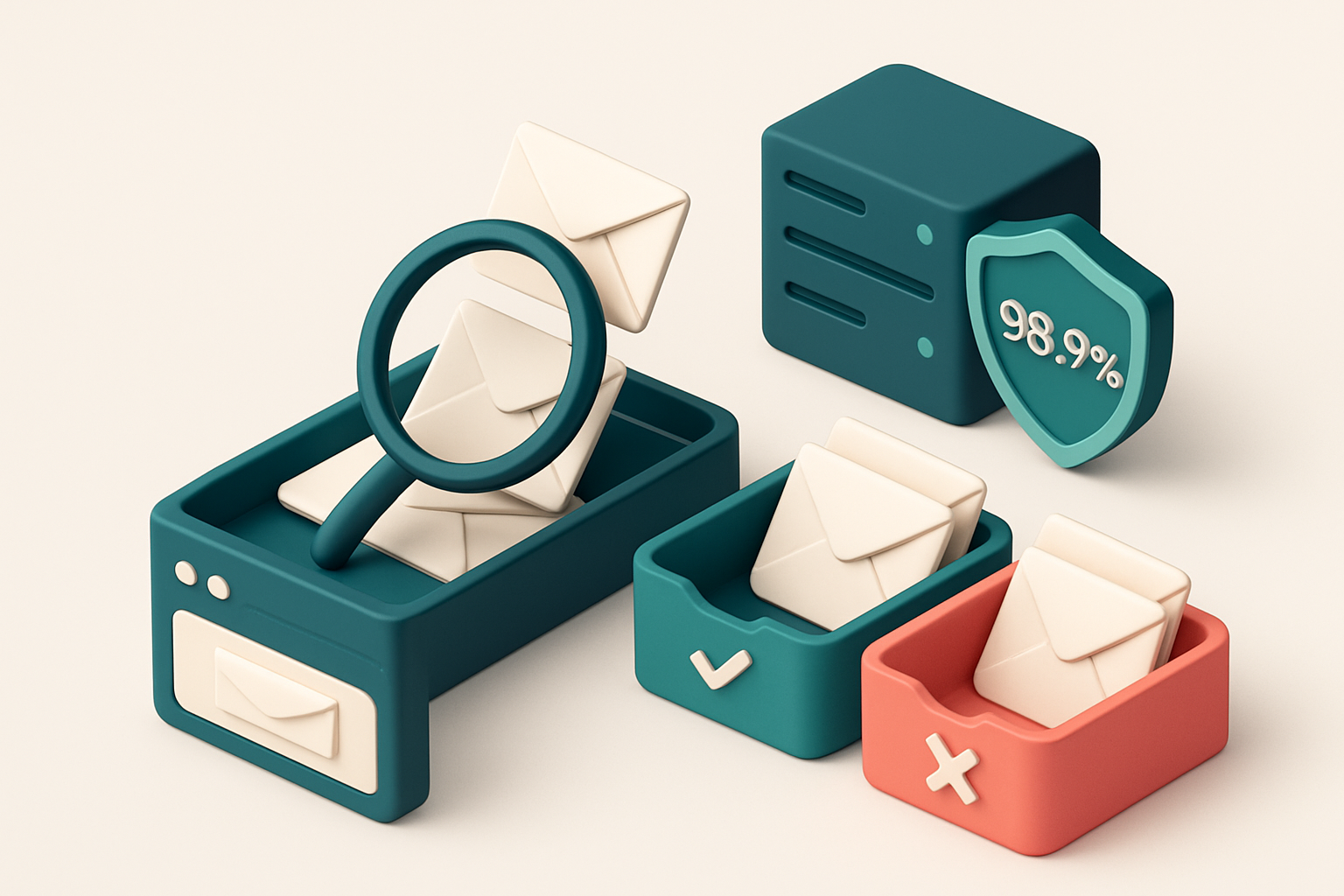 an isometric email inbox with envelopes being sorted onto a green 'valid' tray and a red 'invalid' tray, a magnifying gl