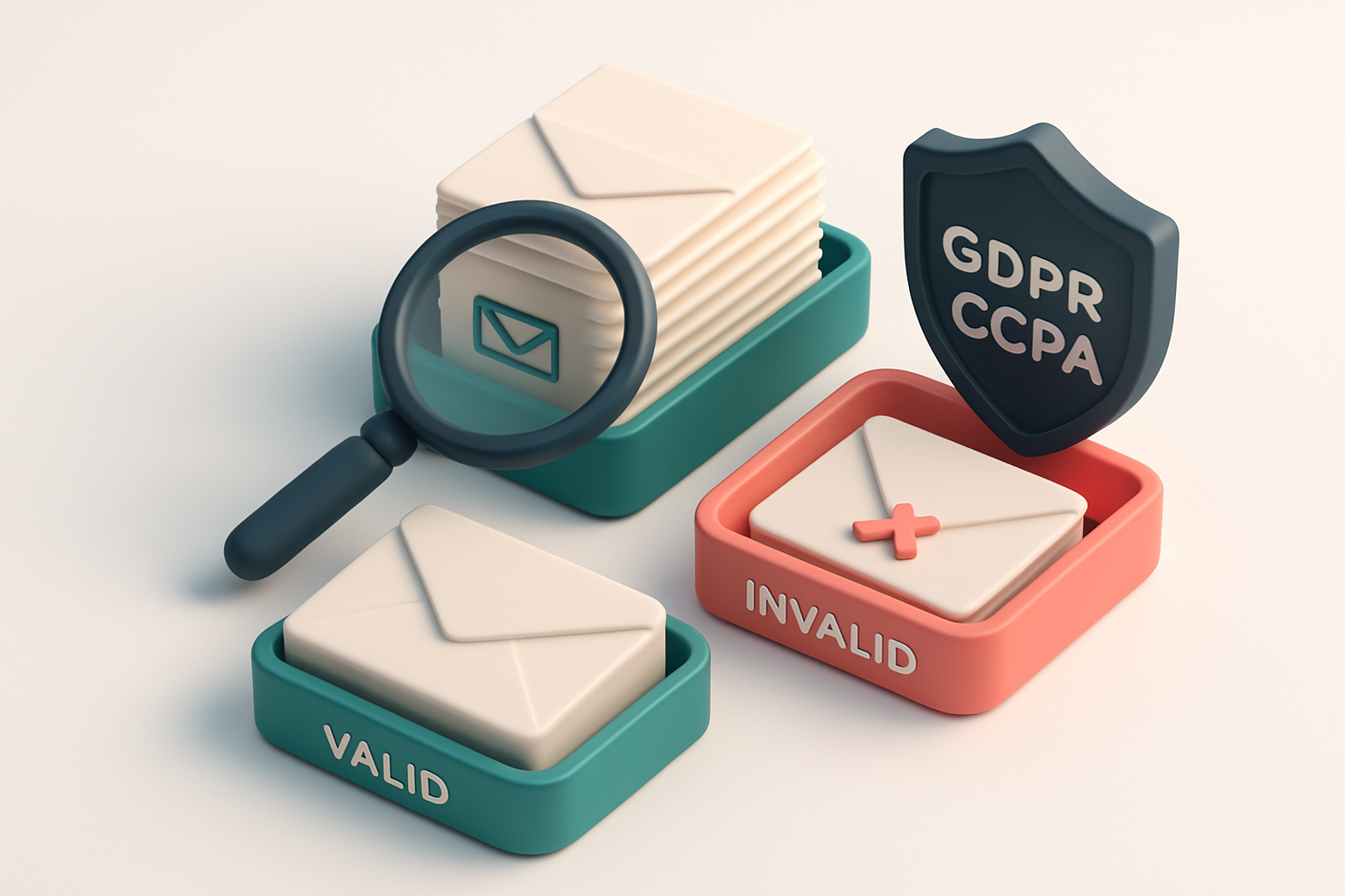 An isometric email inbox with envelopes being sorted onto a green 'valid' tray and a red 'invalid' tray, a magnifying gl