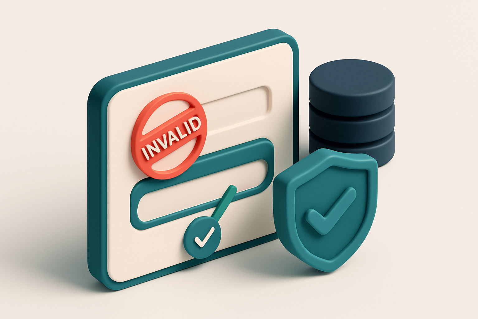 An isometric view of a SaaS registration form with a red 'invalid' stamp appearing over a fake email input, while a gree