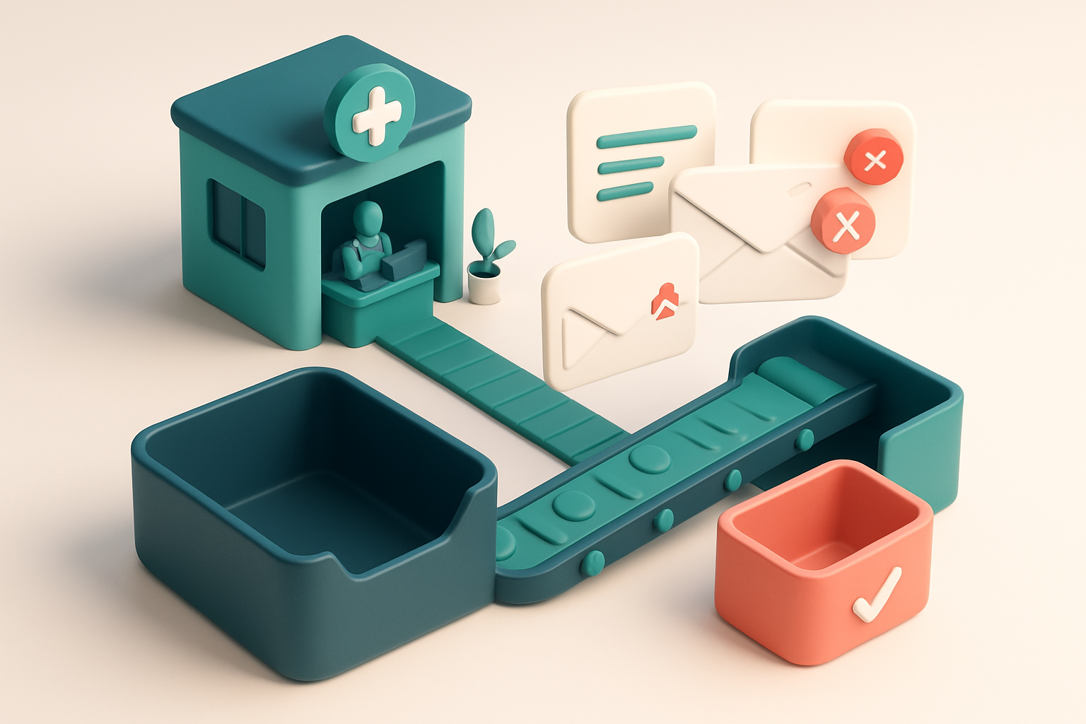 An isometric medical clinic with a digital inbox receiving patient and provider emails; a green conveyor belt moves vali