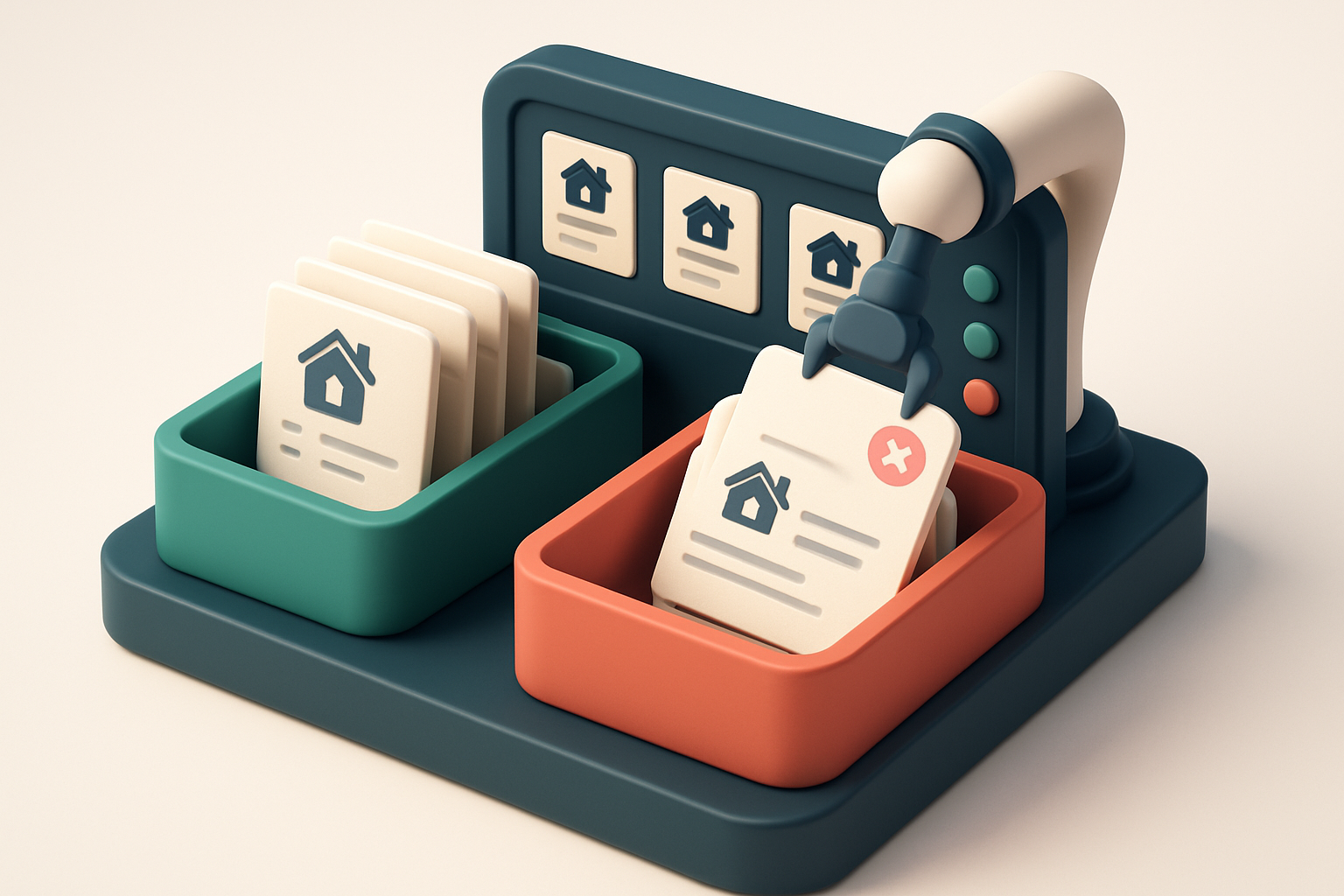 An isometric digital dashboard with two labeled trays: a green 'Valid' tray and a red 'Invalid' tray, sorting stacks of