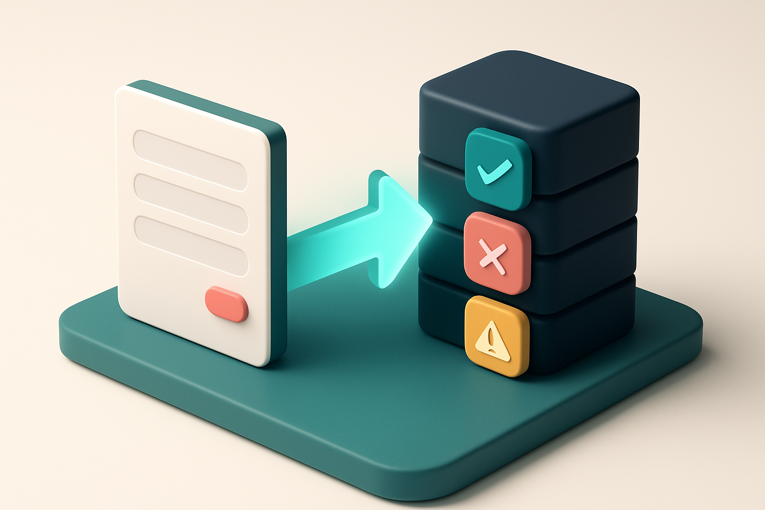 an isometric desk setup with a sleek SaaS form on the left, a glowing API call arrow flying to a server on the right, wh