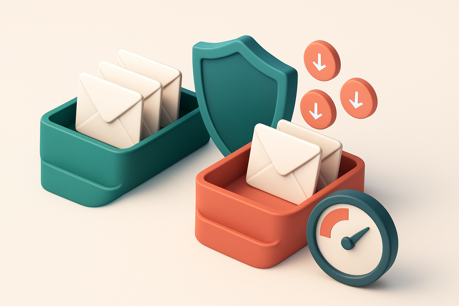 An isometric email inbox with envelopes sorted into a green 'Valid: Inbox' tray and a red 'Invalid/Catch-all' tray, a sh