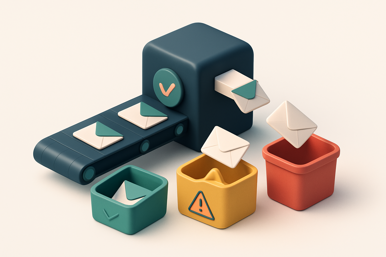 A 3D isometric illustration of a legal firm email list flowing through a conveyor belt into a verification hub, with env