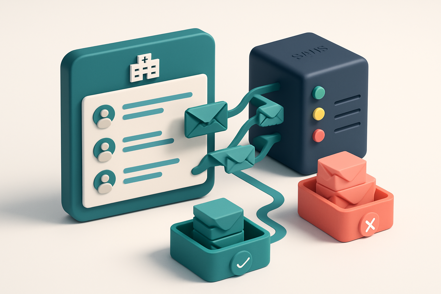 An isometric illustration of a hospital appointment dashboard with patient data streams flowing into a green 'valid' que