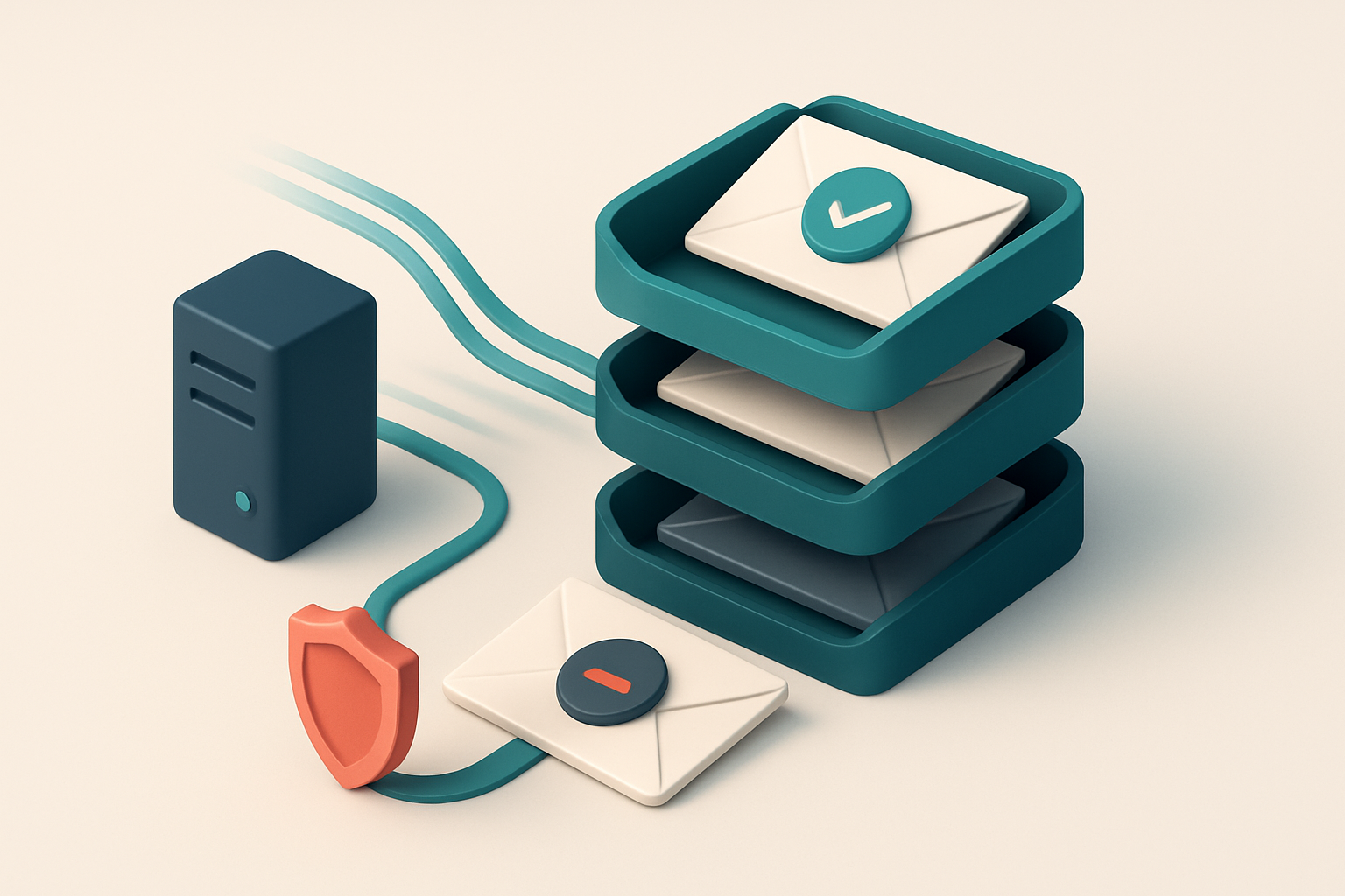 An isometric email inbox with envelopes labeled 'valid', 'risky', and 'invalid' split across three trays; a red shield b