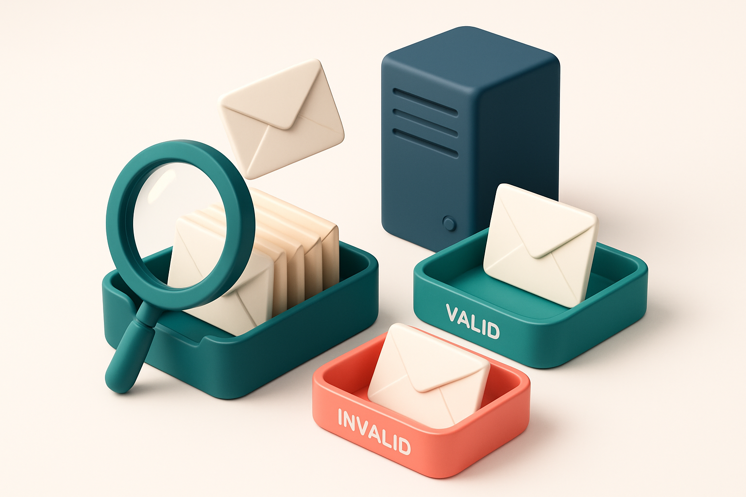 An isometric email inbox with envelopes being sorted onto a green 'valid' tray and a red 'invalid' tray, a magnifying gl