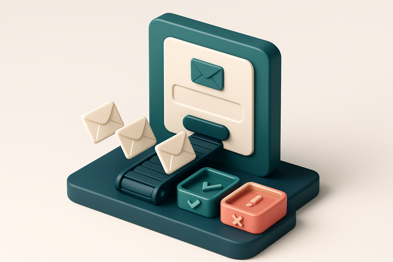 An isometric email form on a digital product page, with incoming emails routed through a conveyor belt; valid emails go