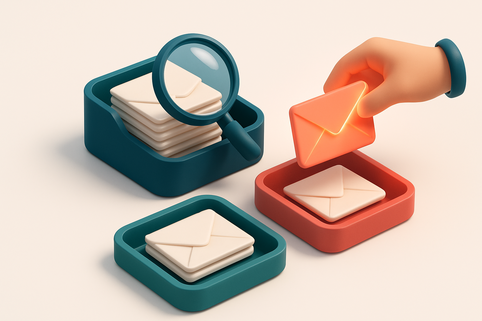 an isometric email inbox with envelopes being sorted onto a green 'valid' tray and a red 'invalid' tray, a magnifying gl