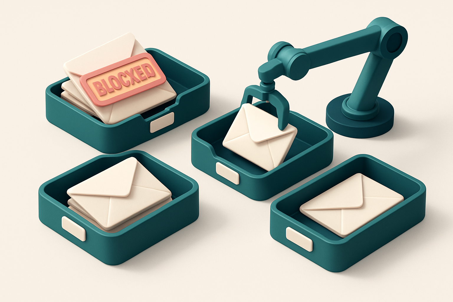 an isometric email inbox with envelopes labeled 'Disposable', 'Valid', 'Invalid', and 'Catch-all' being sorted into sepa