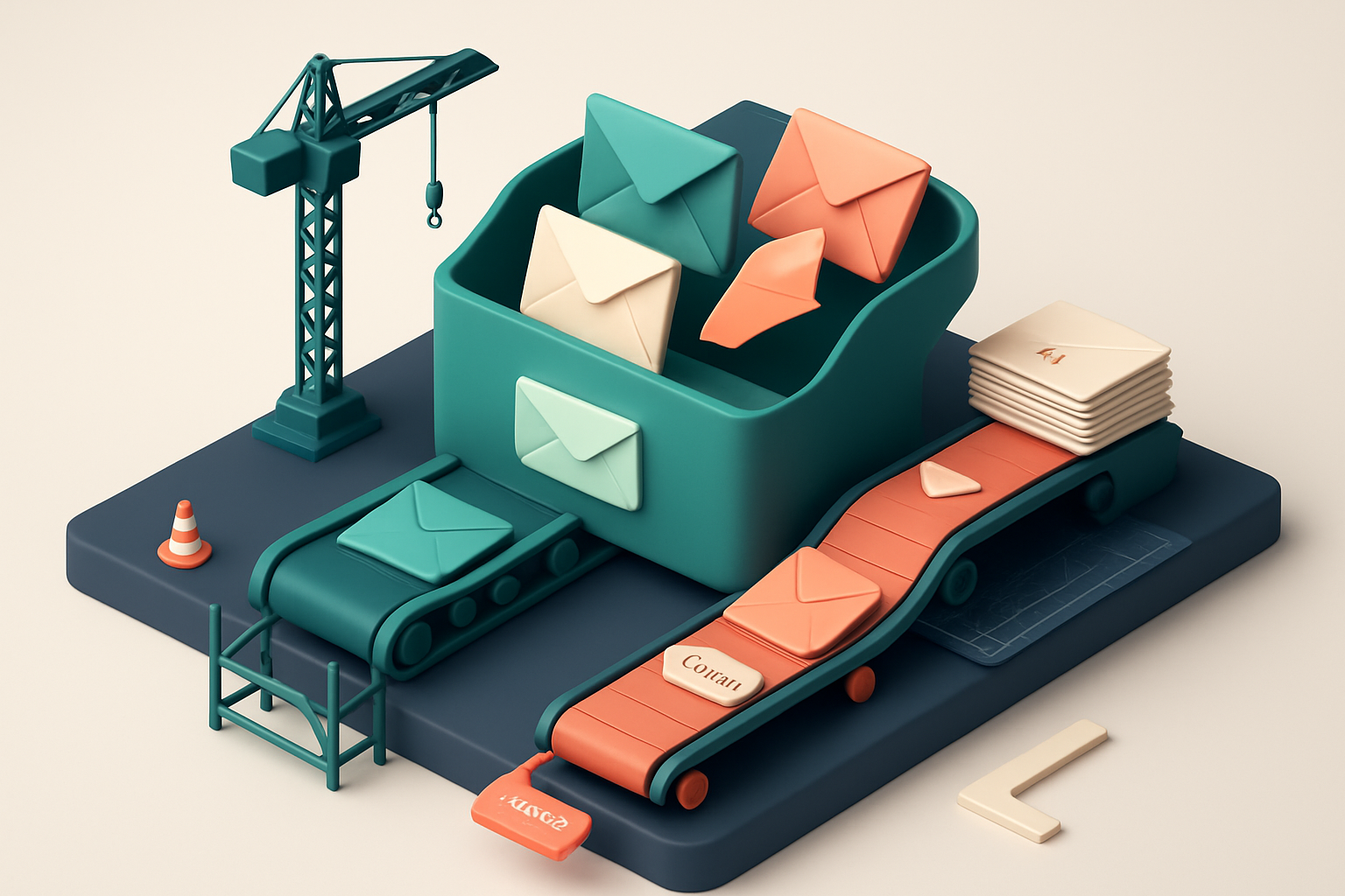 An isometric construction site with a digital inbox at the center, receiving envelopes labeled 'valid', 'catch-all', and