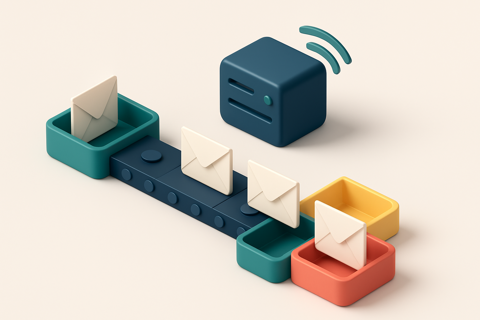 An isometric inbox with a conveyor belt delivering envelopes marked 'valid', 'risky', and 'invalid' — green trays for va