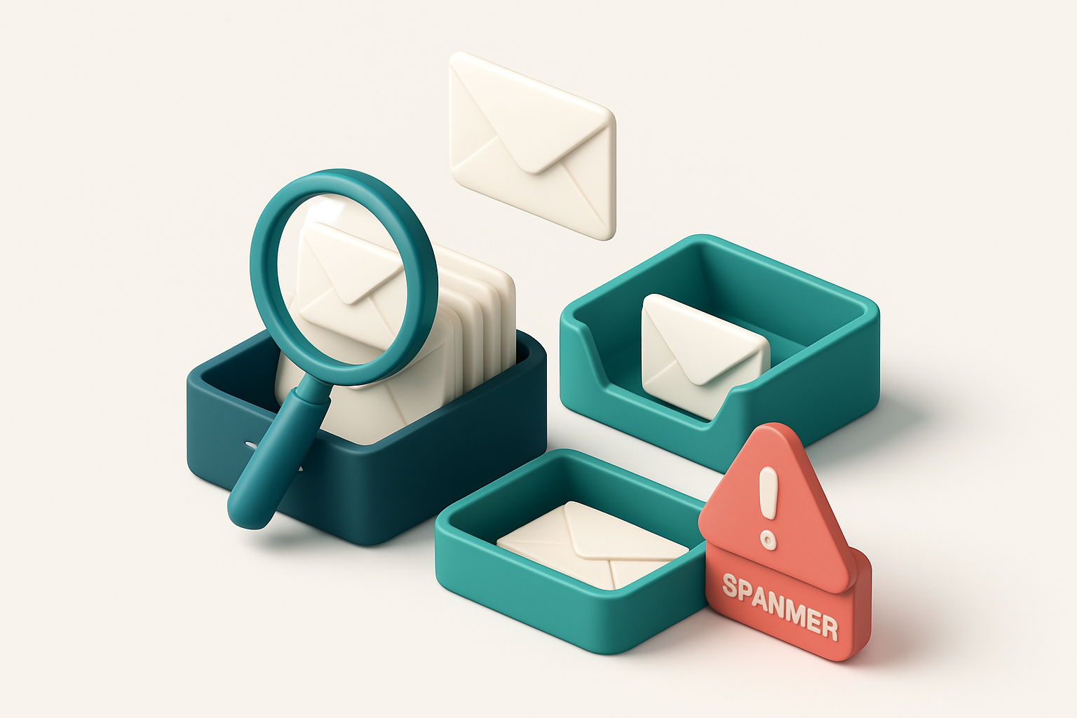 an isometric email inbox with envelopes being sorted onto a green 'valid' tray and a red 'invalid' tray, a magnifying gl