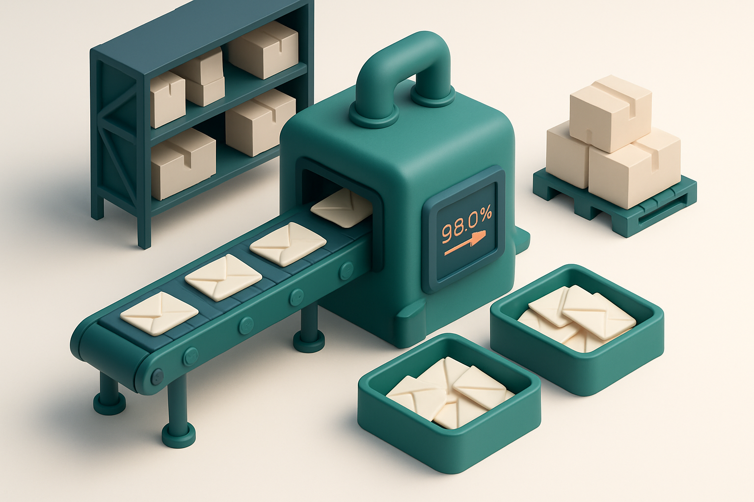 An isometric industrial warehouse with a conveyor belt carrying physical emails into a central verification machine, whi
