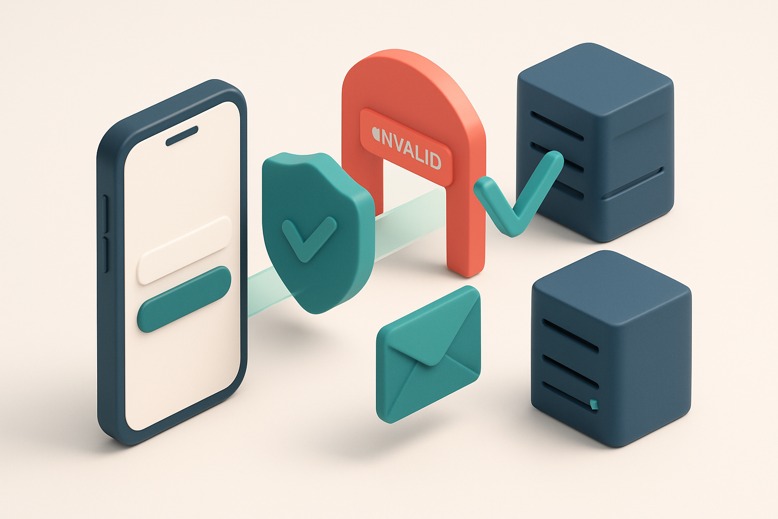 An isometric view of a digital onboarding funnel: a user inputs an email on a phone screen, which gets scanned by a shie
