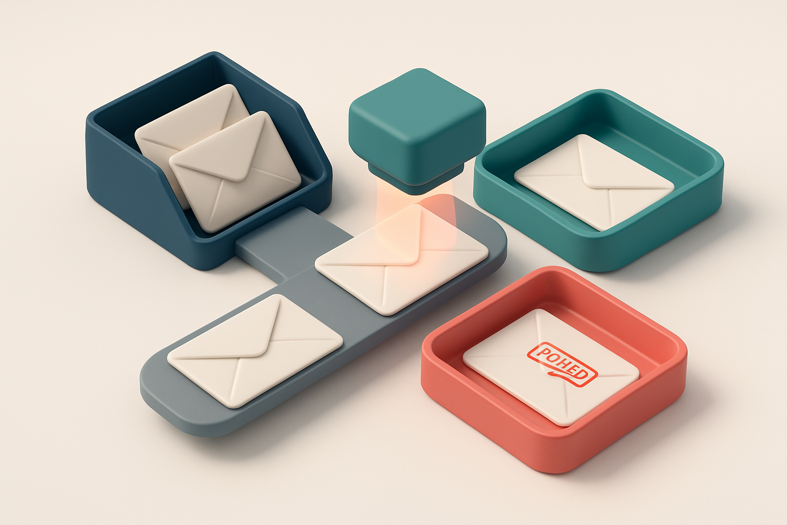 An isometric email inbox with envelopes being sorted onto a green 'valid' tray and a red 'invalid' tray, a digital scann