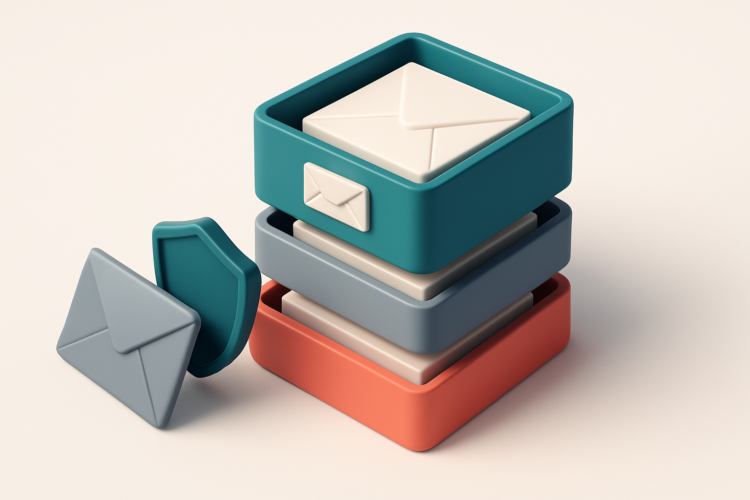 An isometric email inbox stacked with envelopes labeled 'valid', 'catch-all', and 'invalid', each sorted into separate t