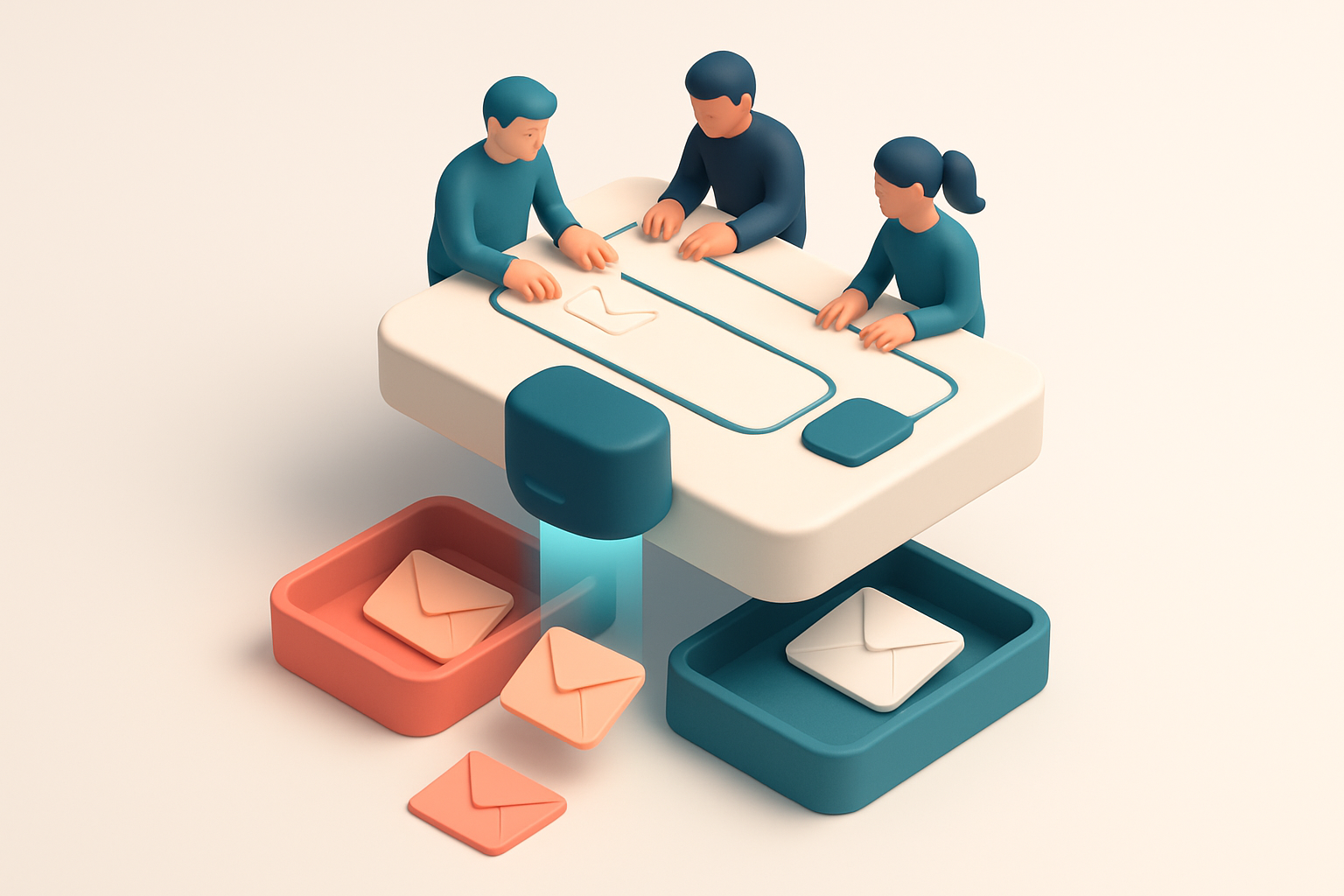 An isometric illustration of a digital form funnel with users typing into an email field; a red 'invalid' tray and a gre