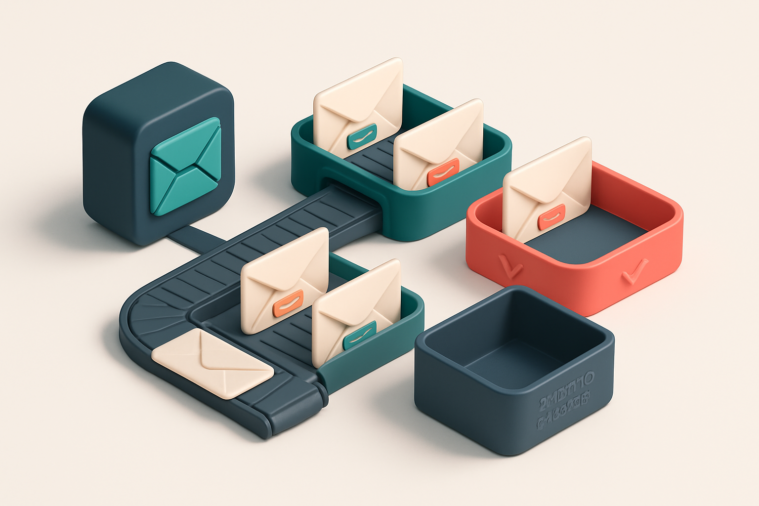 an isometric email inbox with envelopes labeled 'valid', 'risky', 'invalid', and 'catch-all' being routed through a conv