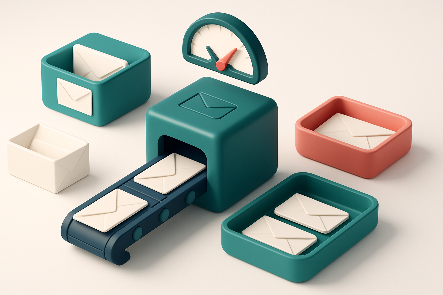 An isometric email inbox with envelopes being sorted onto a green 'valid' tray and a red 'invalid' tray, a conveyor belt