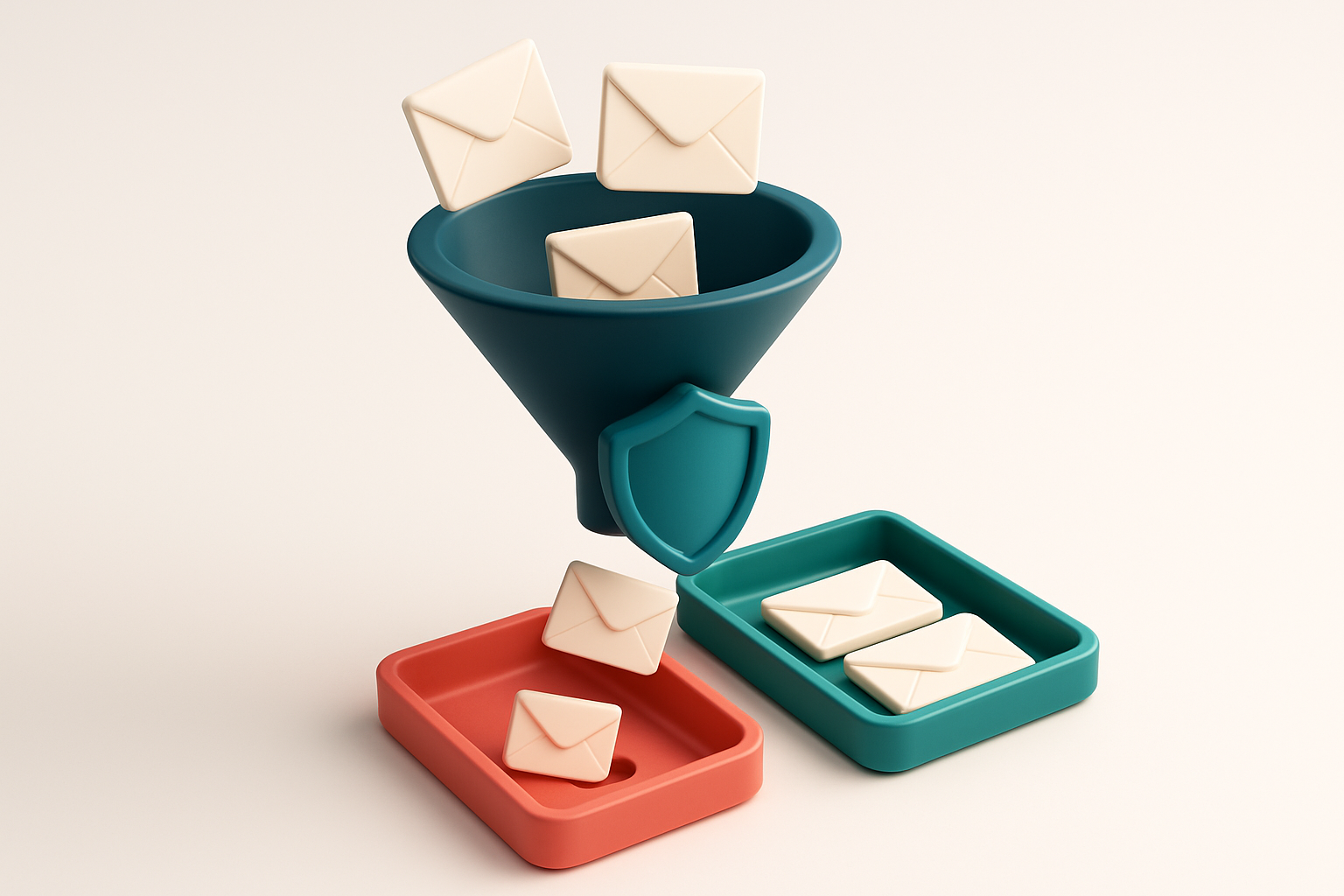 A 3D isometric illustration of a funnel with incoming envelopes labeled 'prospects' entering the top, passing through a