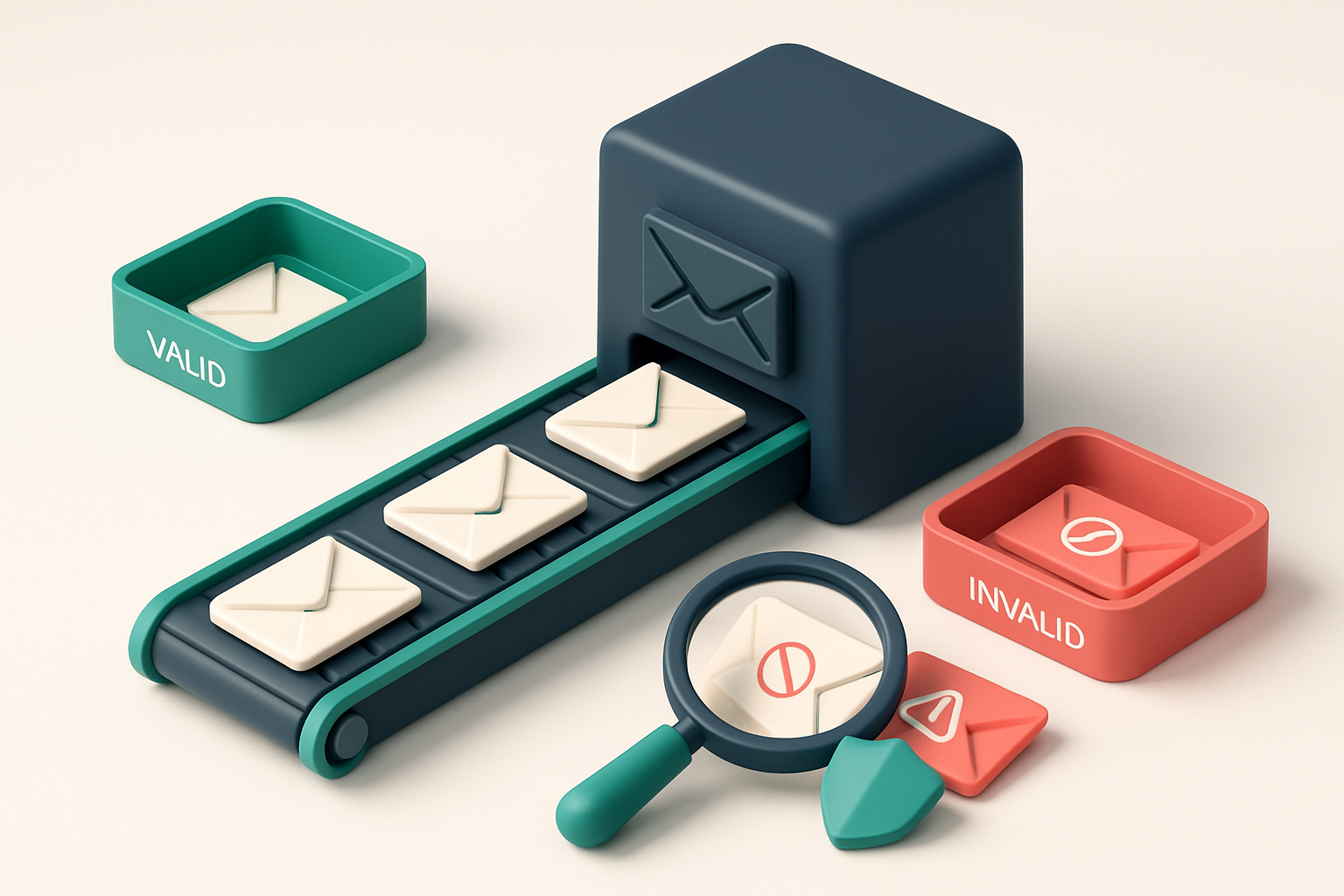 An isometric scene of a conveyor belt carrying labeled envelopes into a large email server, with a green 'valid' tray on