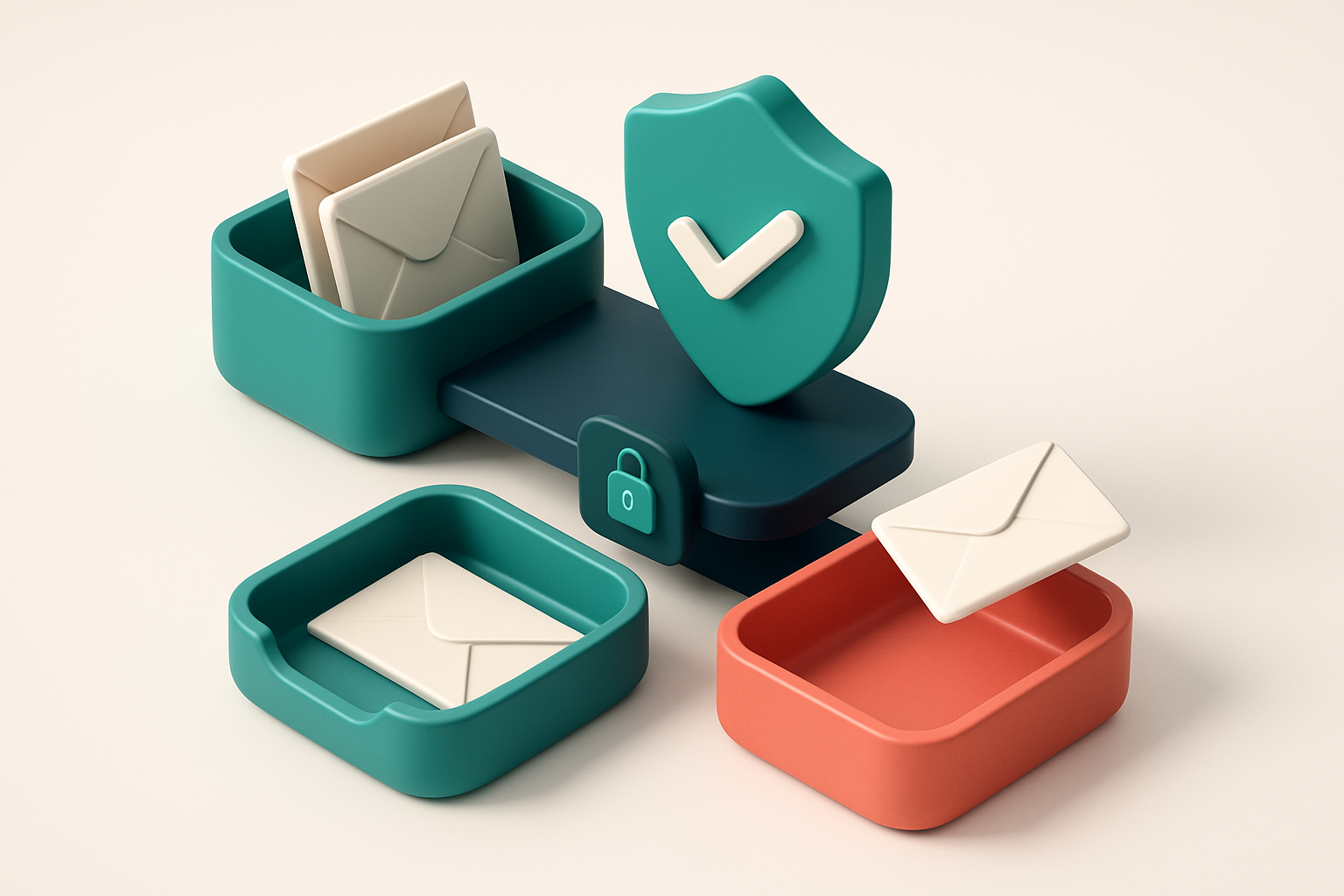 An isometric email inbox with envelopes being scanned by a shield-shaped validator; valid addresses slide into a green '